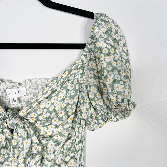 Mable Small S Sage Green Nikki Front Tie Smocked Mini Dress Ditsy Floral Print - Picture 3 of 14